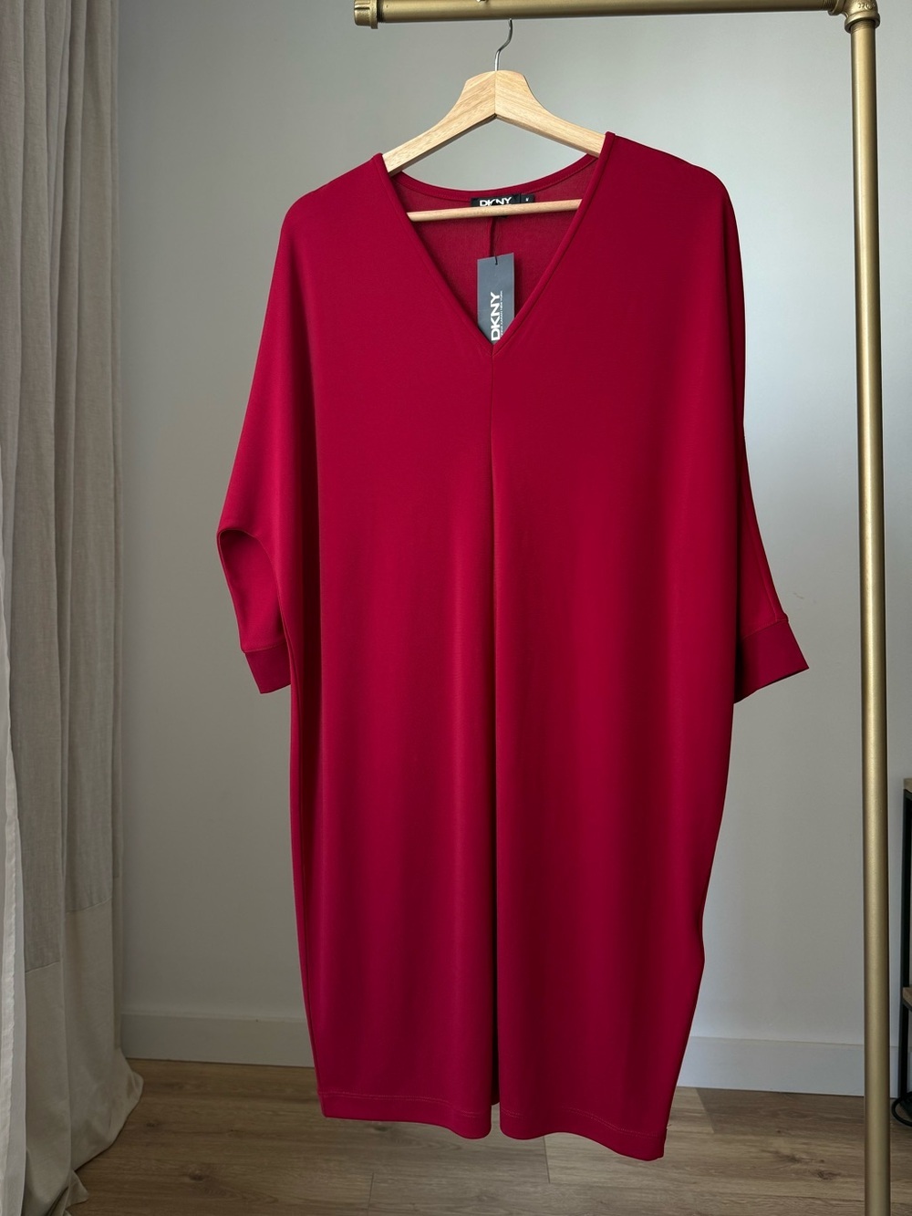DKNY Red Mini Shift Dress V Neck Relaxed Chic NWT M